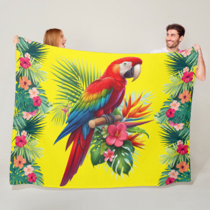 Red macaw tropical floral fleece blanket