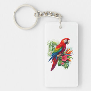 Red macaw tropical floral keychain