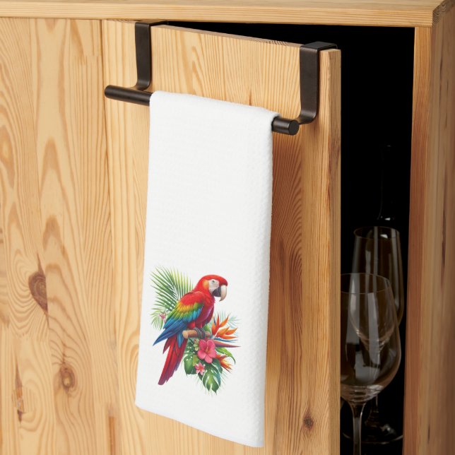 Red macaw tropical floral kitchen towel (Thirds Fold)