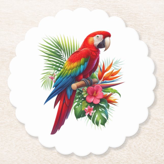 Red macaw tropical floral paper coaster (Front)
