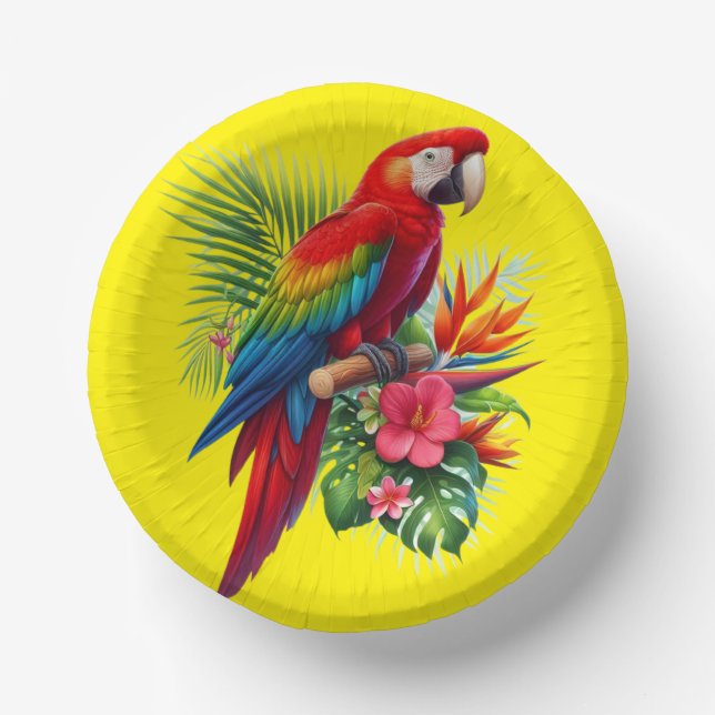 Red macaw tropical floral paper plate (Front)