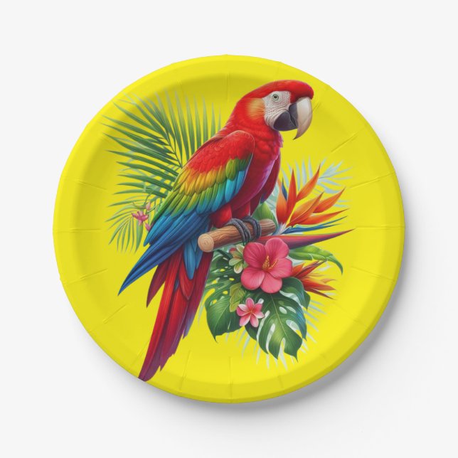 Red macaw tropical floral paper plate (Front)