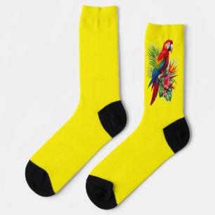 Red macaw tropical floral socks