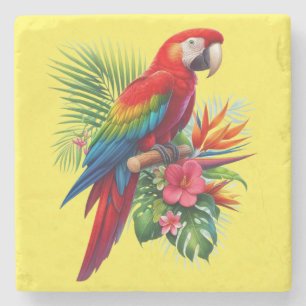Red macaw tropical floral stone coaster