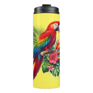 Red macaw tropical floral thermal tumbler