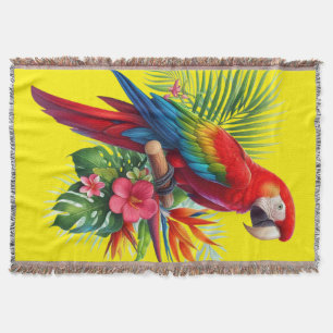 Red macaw tropical floral throw blanket