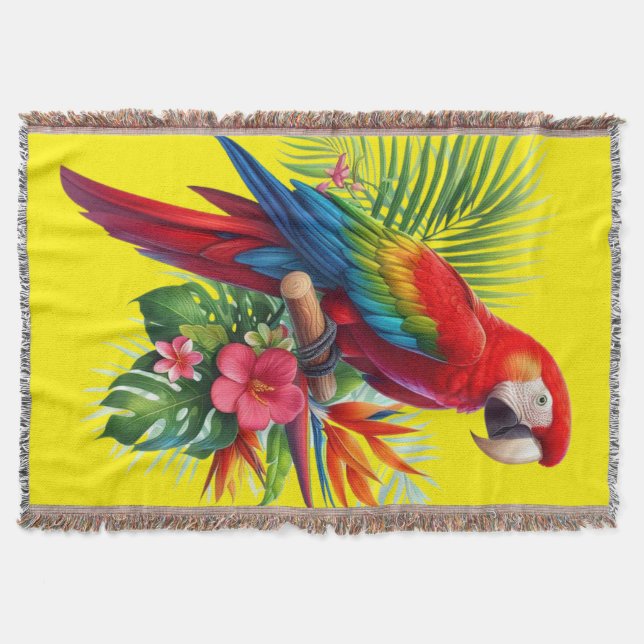 Red macaw tropical floral throw blanket (Front)