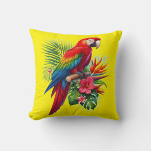 Red macaw tropical floral throw pillow