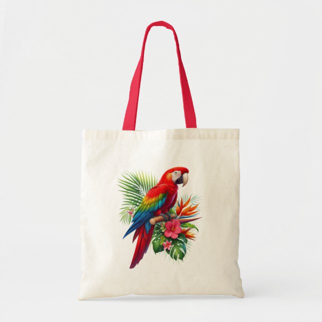 Red macaw tropical floral tote bag (Front)