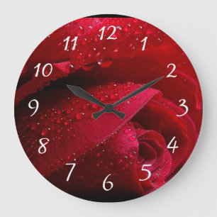 Red Macro Rose with Water Droplets Large Clock