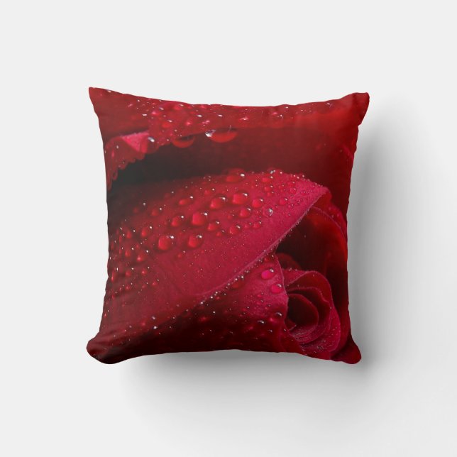 Red Macro Rose with Water Droplets Throw Pillow (Front)