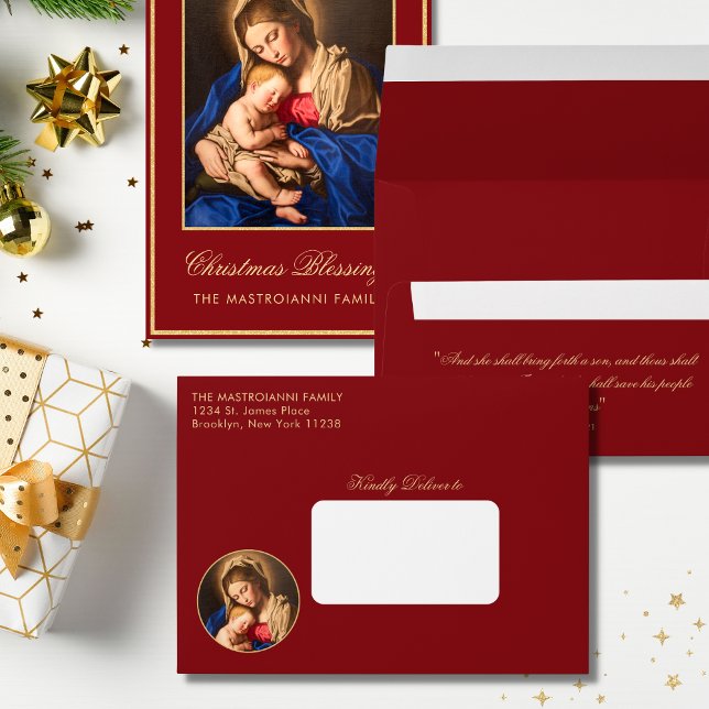 Red Madonna and Child Nativity Religious Christmas Envelope (Religious Christmas envelope with Madonna and Child in red and gold for Catholics.)