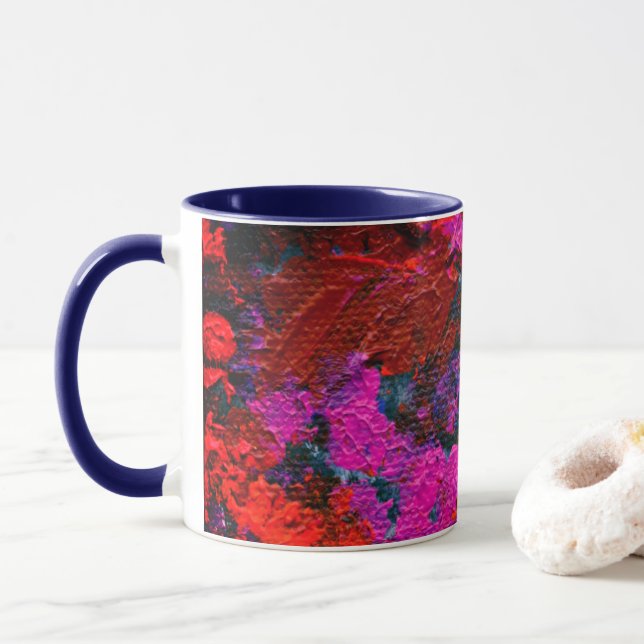 Red Magenta Dark Blue Abstract Art Mug (With Donut)