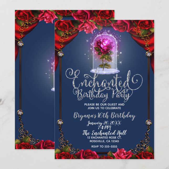 Red Magical Enchanted Red Rose Beauty Sweet 16 Invitation (Front/Back)