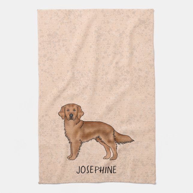 Red Mahogany Golden Retriever Dog With Custom Name Kitchen Towel (Vertical)