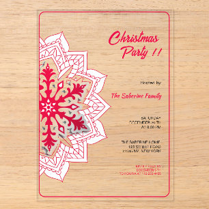 Red Mandala Snowflake & Santa Sleigh Christmas Acrylic Invitations