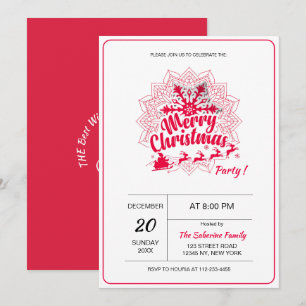 Red Mandala Snowflake & Santa Sleigh Christmas Invitation