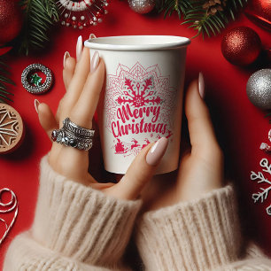 Red Mandala Snowflake & Santa Sleigh Christmas Paper Cups