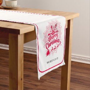 Red Mandala Snowflake & Santa Sleigh Christmas Short Table Runner