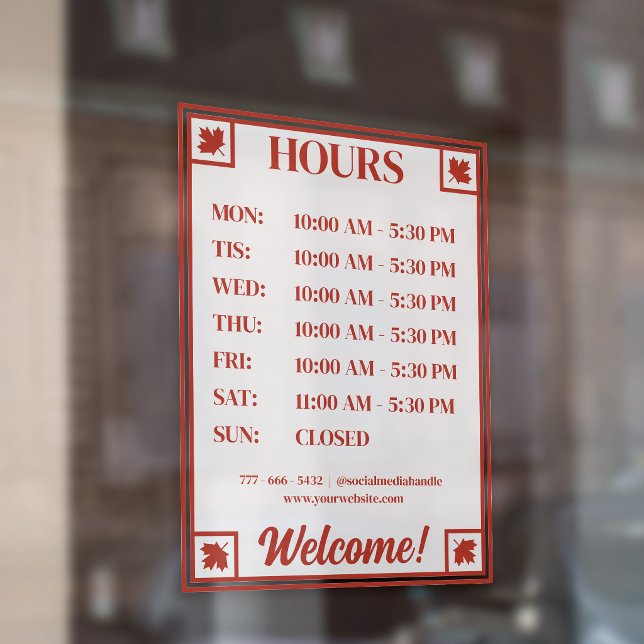 Red Maple Leaf Corners Small Business Open Hours Window Cling (Creator Uploaded)