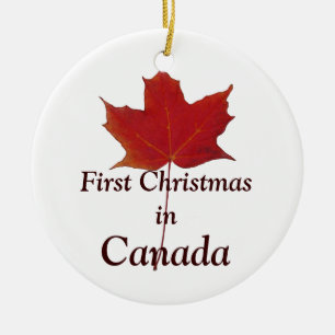 Red maple leaf - first Christmas in Canada Ceramic Ornament