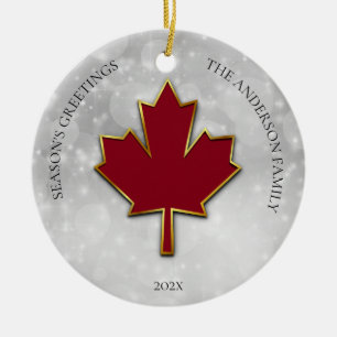 Red Maple Leaf Greetings Ceramic Ornament