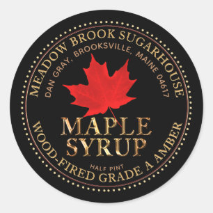 Red Maple Leaf Metallic Maple-Syrup Colour font Classic Round Sticker