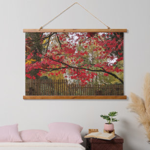Red Maple Leaves and Bamboo Fence Photo Hanging Tapestry