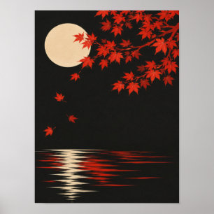 Red Maple Leaves Full Moon Japanese Art Poster