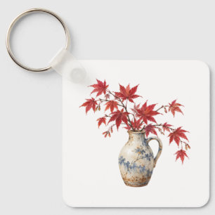 Red Maple Leaves in a Ceramic Jug Keychain
