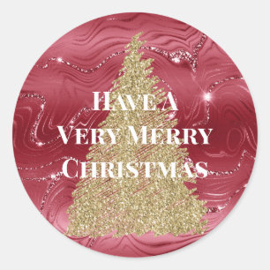 Red Marble Gold Glitter Christmas Tree Classic Round Sticker