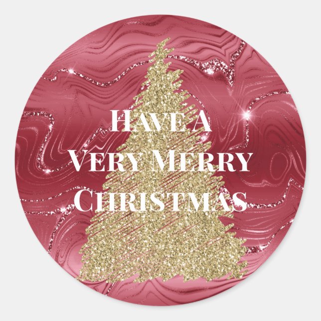 Red Marble Gold Glitter Christmas Tree Classic Round Sticker (Front)