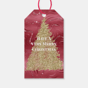 Red Marble Gold Glitter Christmas Tree Gift Tags