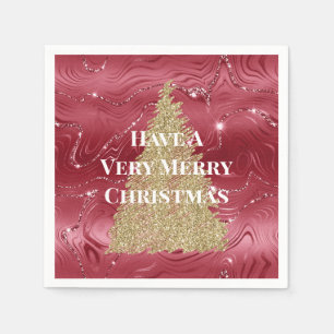 Red Marble Gold Glitter Christmas Tree Napkin