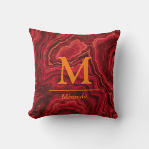 Red Marble orange Monogram and Name personalized Throw Pillow