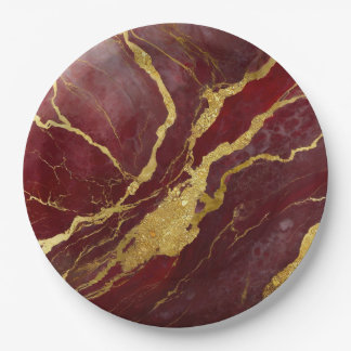 Red Marble Pattern with Gold Paper Plate