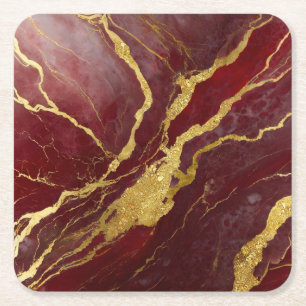 Red Marble Pattern with Gold Square Paper Coaster