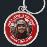 Red Marching Band Photo High School Spirit Keychain<br><div class="desc">This cool customized high school marching band photo features white typography of your team and player name on a red brag keychain for parents. Personalize with your student's photograph and class year as a proud parent. A mom and dad can take these to competition and games.</div>