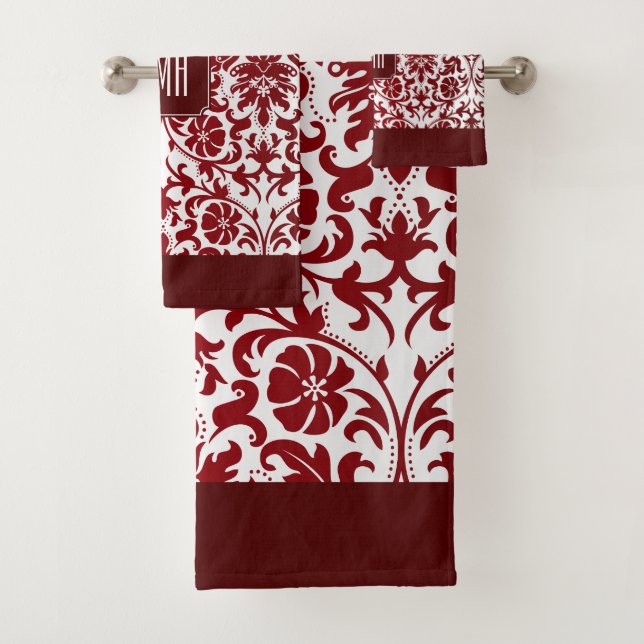 Red Maroon and White Damask Pattern Bath Towel Set (Insitu)