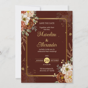 Red Maroon Gold Floral Elegant Wedding Invitation