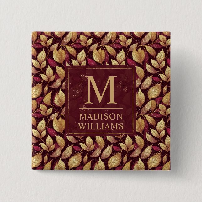 Red Maroon Gold Glitter Autumn Leaves Pattern 2 Inch Square Button (Front)