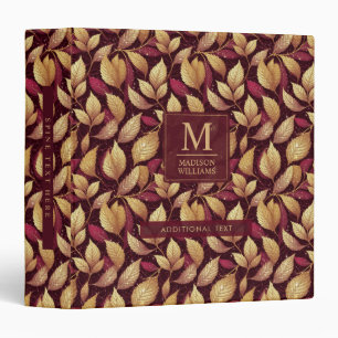 Red Maroon Gold Glitter Autumn Leaves Pattern Binder