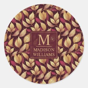 Red Maroon Gold Glitter Autumn Leaves Pattern Classic Round Sticker