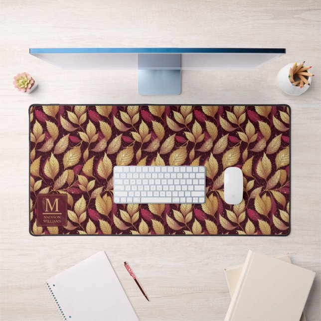 Red Maroon Gold Glitter Autumn Leaves Pattern Desk Mat (Office 1)