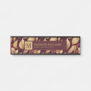 Red Maroon Gold Glitter Autumn Leaves Pattern Door Sign