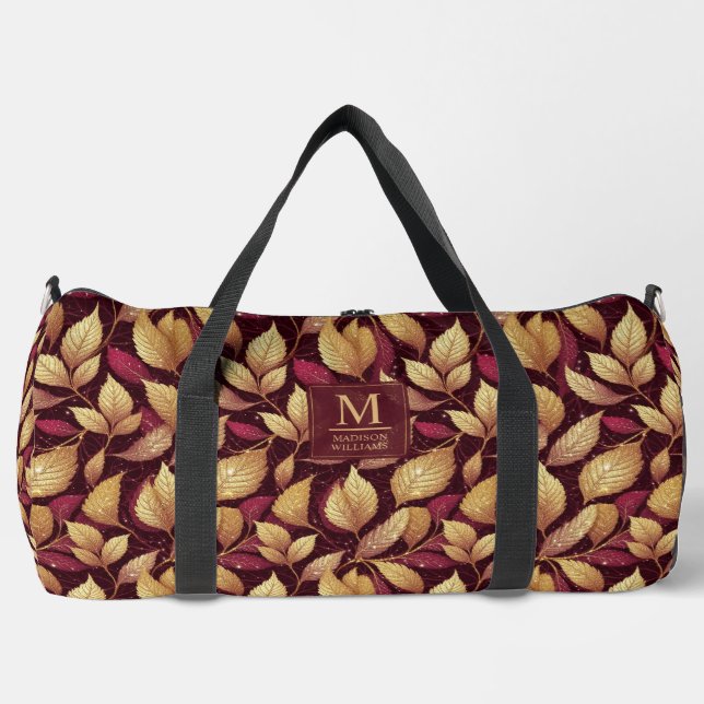 Red Maroon Gold Glitter Autumn Leaves Pattern Duffle Bag (Front)