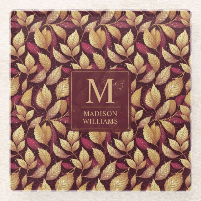 Red Maroon Gold Glitter Autumn Leaves Pattern Glass Coaster (Front)