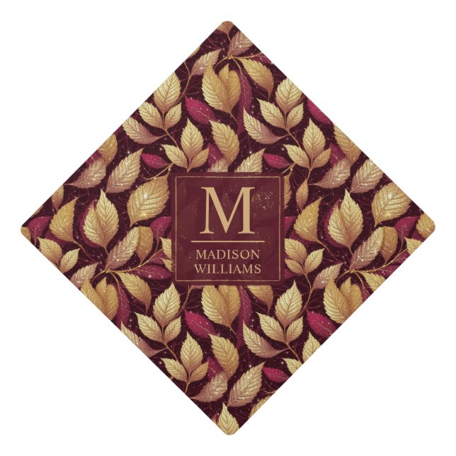 Red Maroon Gold Glitter Autumn Leaves Pattern Graduation Cap Topper (Front)
