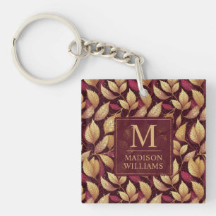 Red Maroon Gold Glitter Autumn Leaves Pattern Keychain