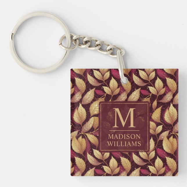 Red Maroon Gold Glitter Autumn Leaves Pattern Keychain (Front)